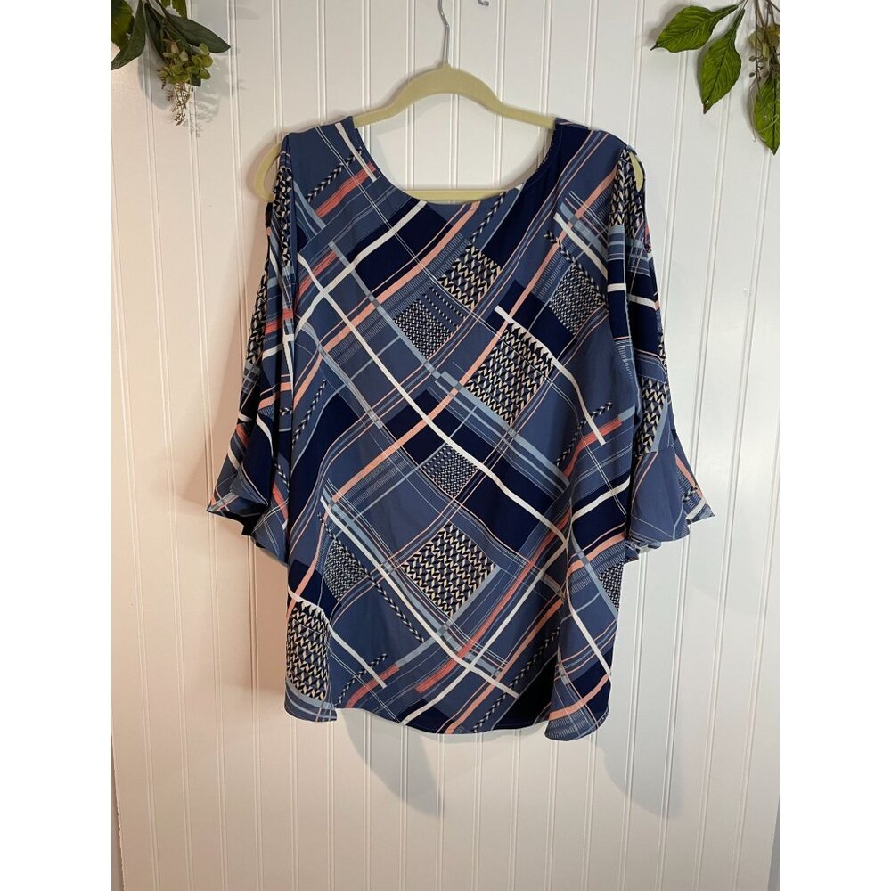 Catherines 1XWP Petite Womens Plaid Bell Sleeve Blouse Navy Pink Geometric Patte